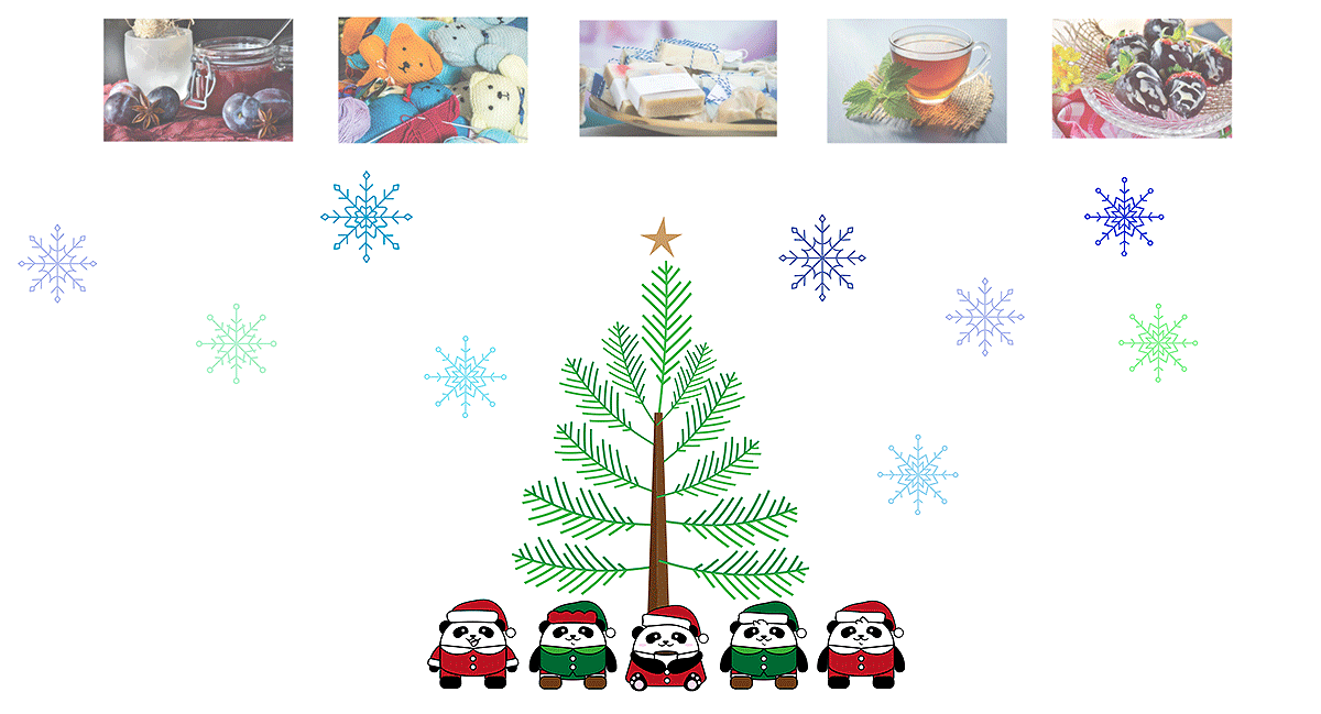 Clipart of pandas under a holiday tree and collage of real products from Rutgers Entreprenuers