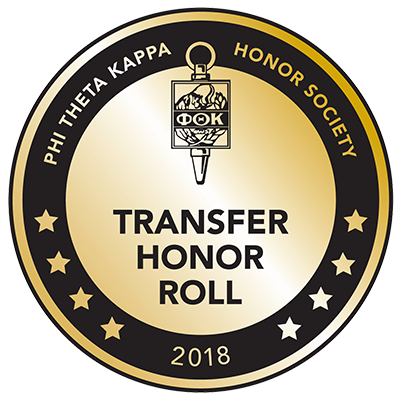 Seal for the Transfer Honor Roll 2018 from Phi Theta Kappa Honor Society. It's a circle with 8 stars along its edge and the Phi Theta Kappa logo
