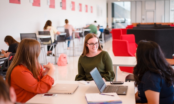 Students studying together in common lounge space