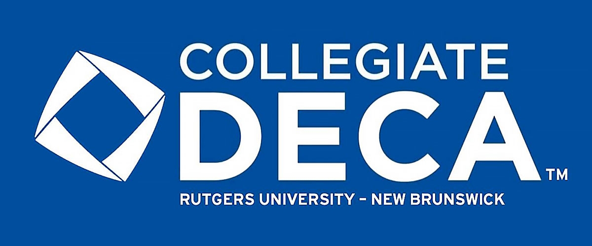 The collegiate DECA logo is blue background with the organization letters in white and a lens shutter-like cube