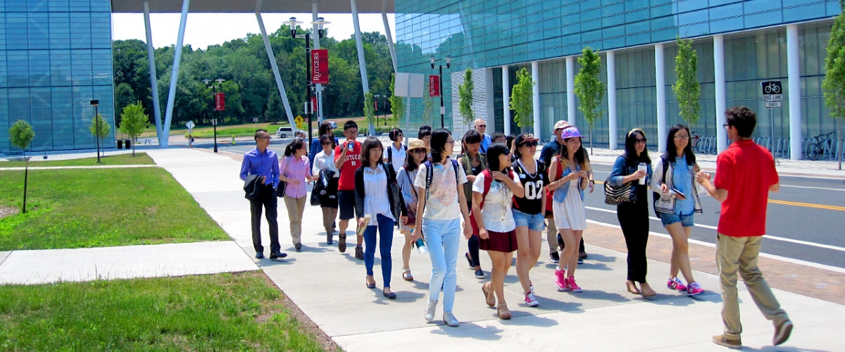 Master of Financial Analysis students on tour of the Livingston campus during orientation